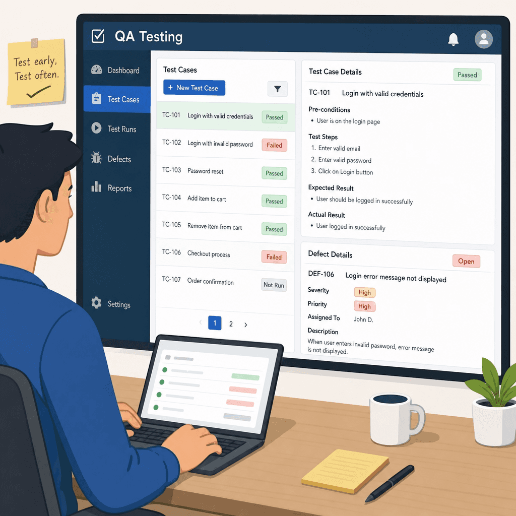 QA testing dashboard with test cases and defect tracking